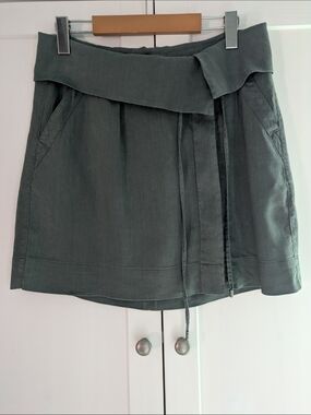 Vince Linen Fold Over Waistband Mini Skirt Sage Green Size 6 Summer Coastal